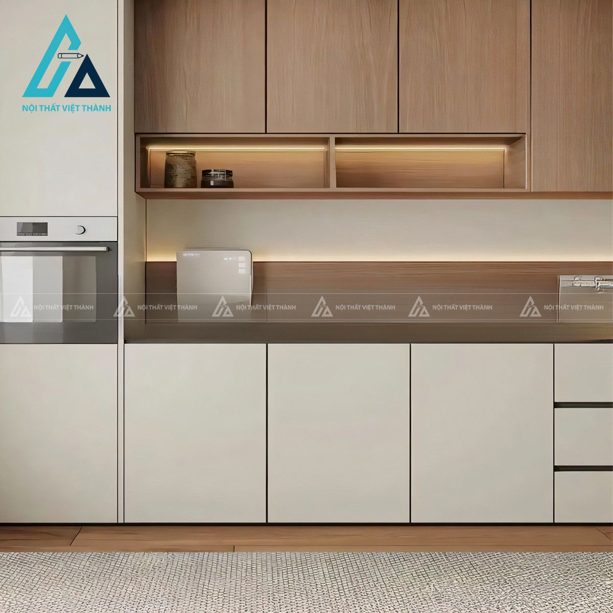 Tủ bếp MDF lõi xanh hiện đại phối vân gỗ ấm áp 1