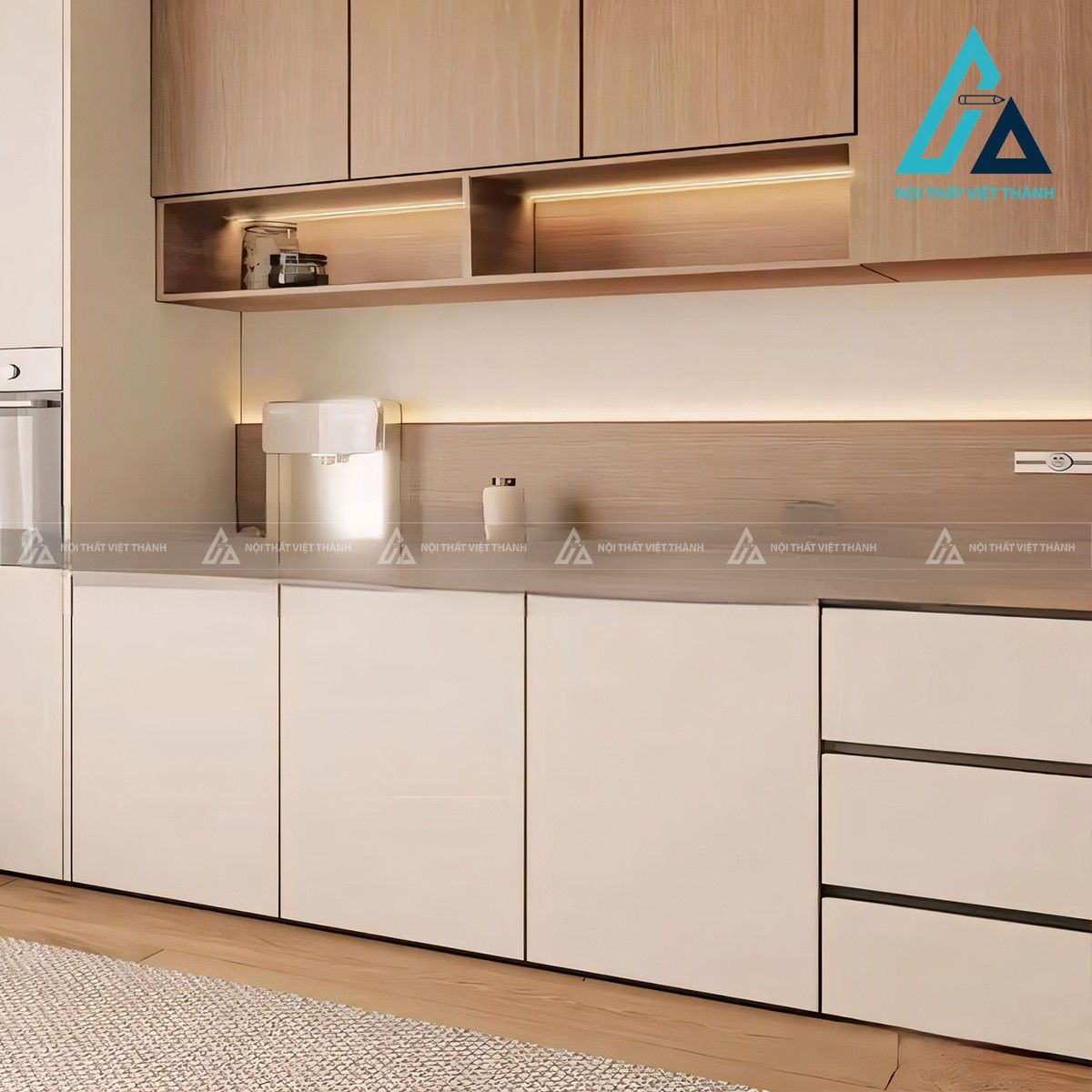 Tủ bếp MDF lõi xanh hiện đại phối vân gỗ ấm áp 2