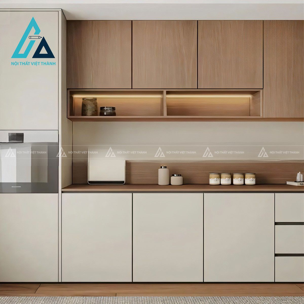 Tủ bếp MDF lõi xanh hiện đại phối vân gỗ ấm áp 3