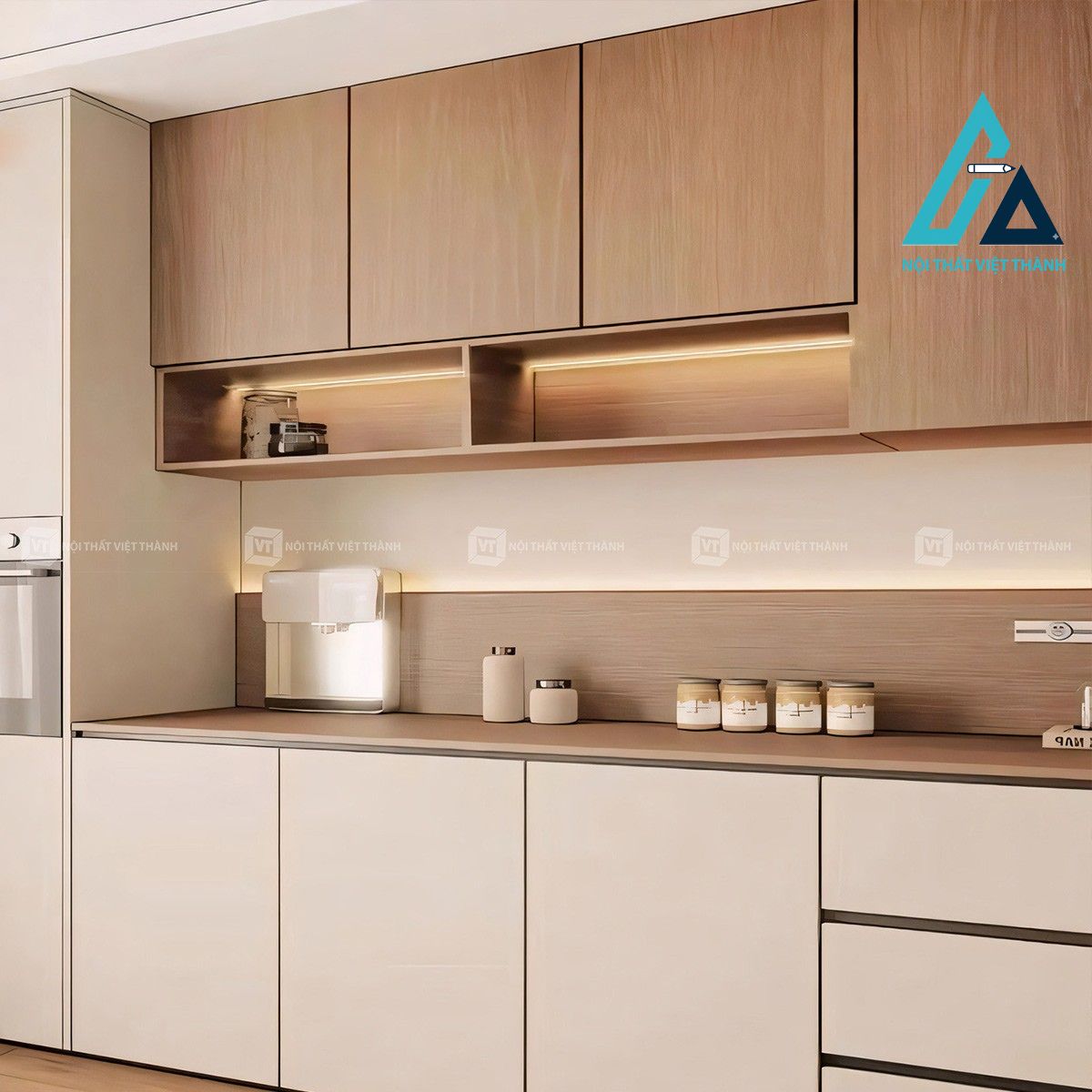 Tủ bếp MDF lõi xanh hiện đại phối vân gỗ ấm áp