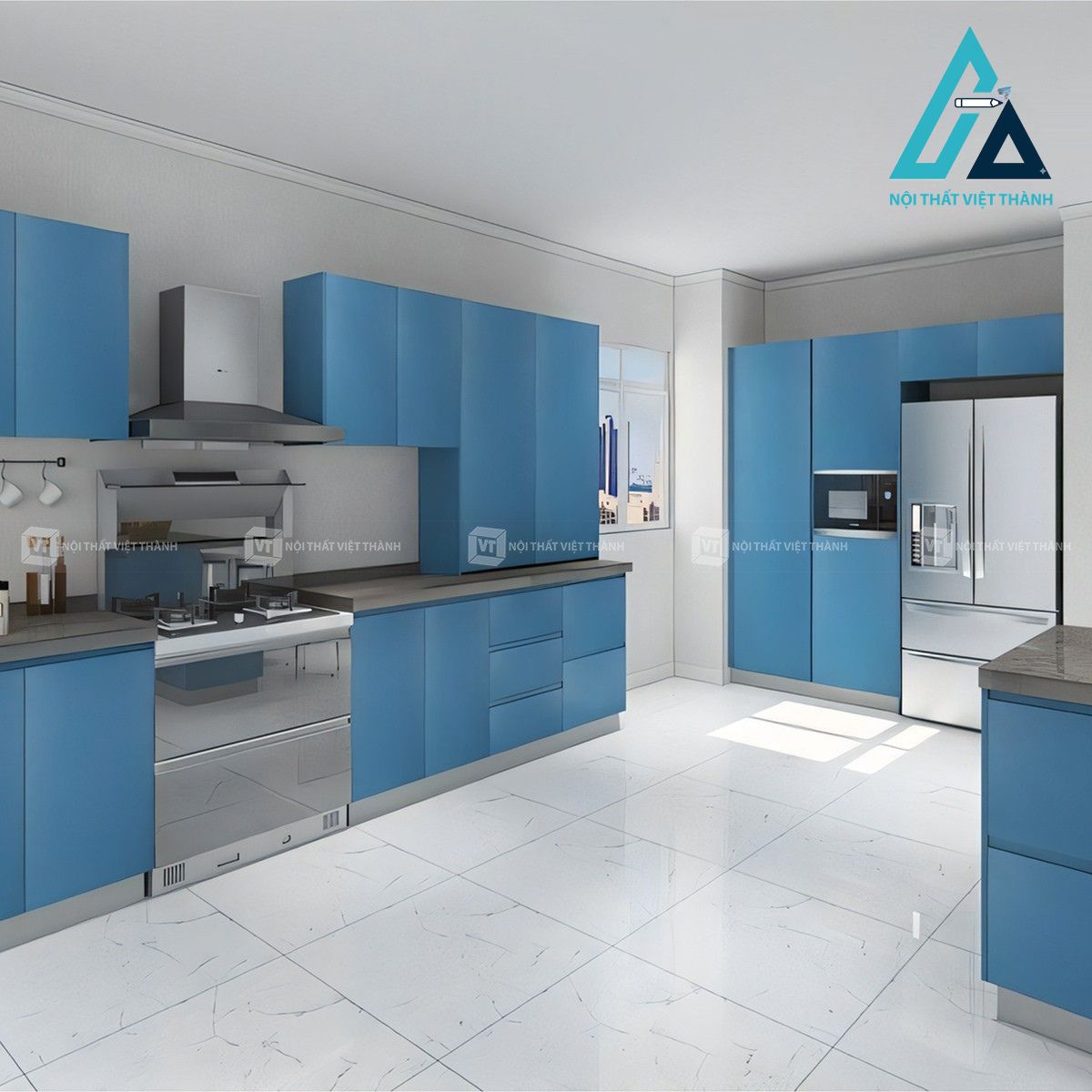 Tủ bếp MDF lõi xanh màu xanh dương hiện đại