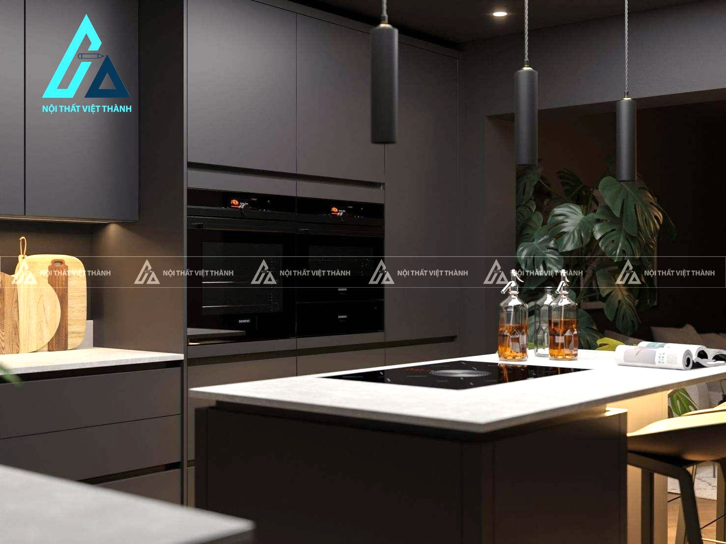 Tủ bếp MDF màu đen chữ L hiện đại cao cấp kèm đảo bếp tiện nghi sang trọng
