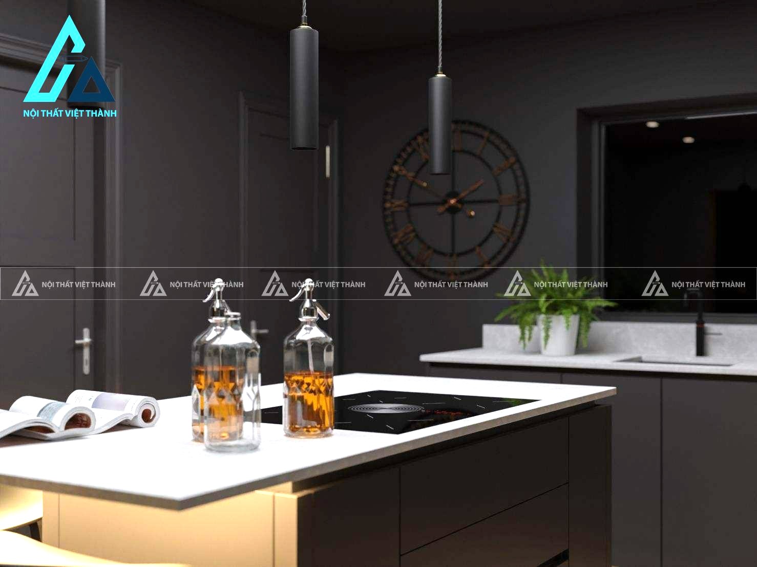 Tủ bếp MDF màu đen chữ L hiện đại cao cấp kèm đảo bếp tiện nghi sang trọng 1