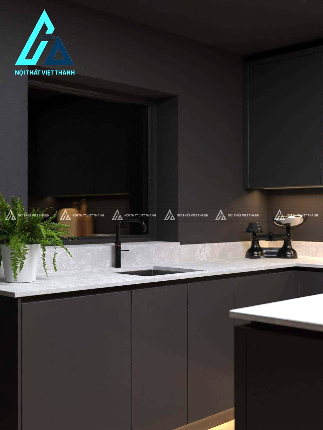 Tủ bếp MDF màu đen chữ L hiện đại cao cấp kèm đảo bếp tiện nghi sang trọng 2