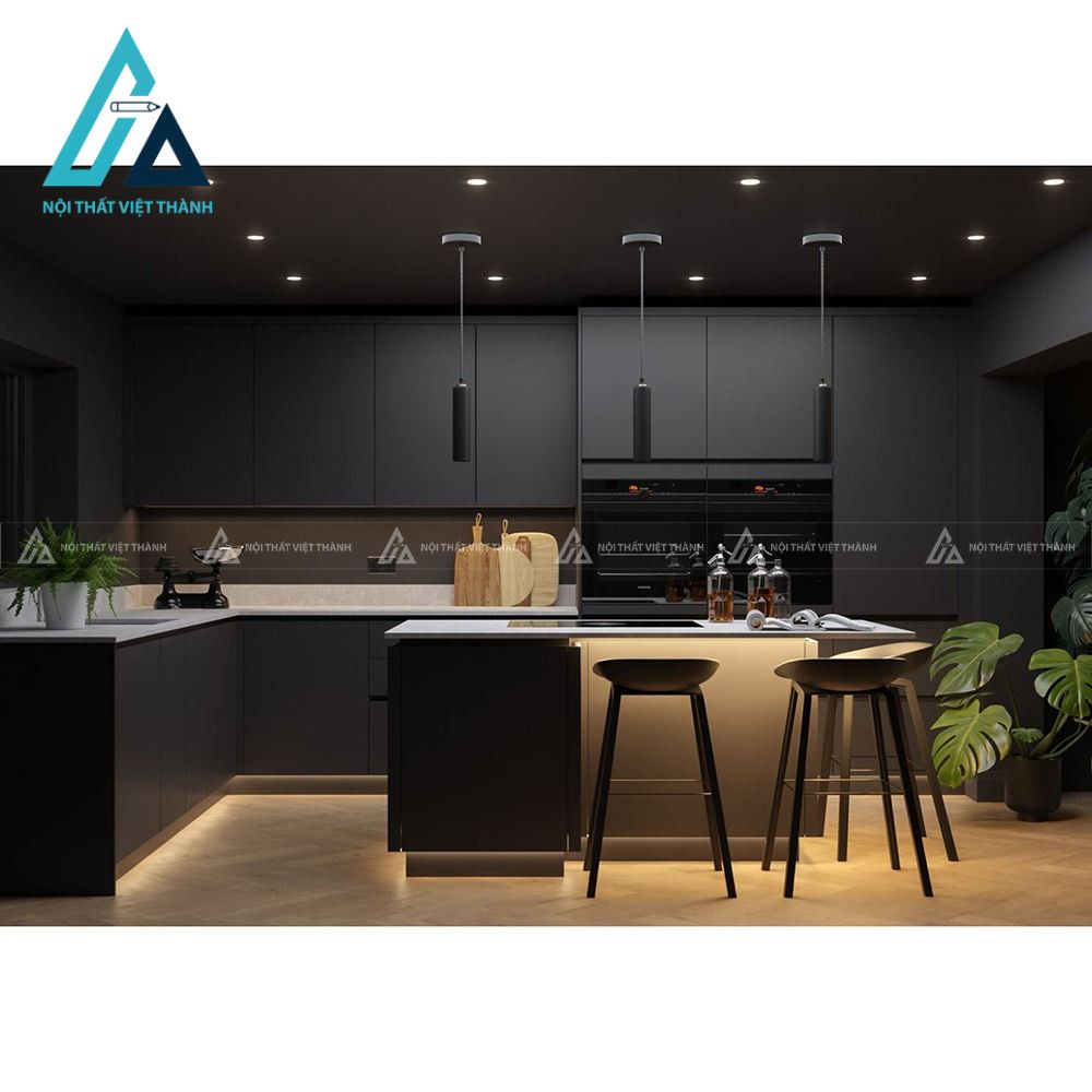 Tủ bếp MDF màu đen chữ L hiện đại cao cấp kèm đảo bếp tiện nghi sang trọng 3