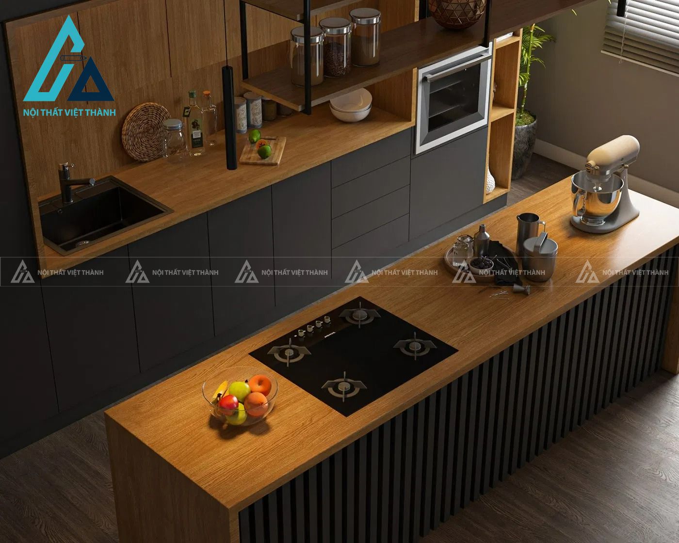 Tủ bếp MDF màu đen phối vân gỗ hiện đại sang trọng chuẩn nội thất cao cấp