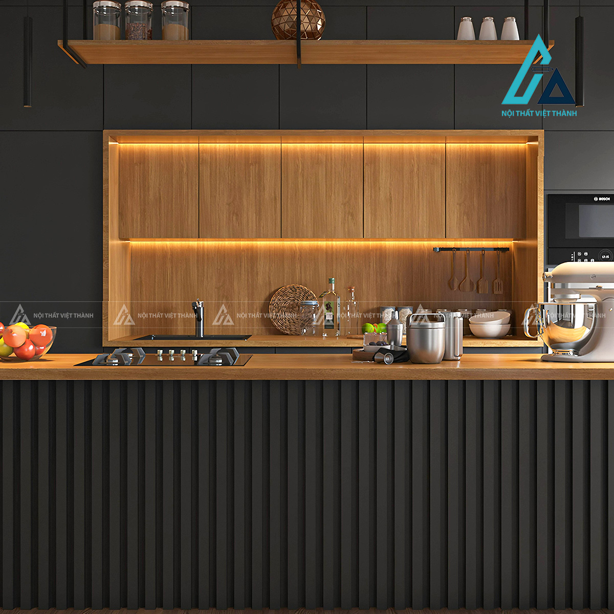 Tủ bếp MDF màu đen phối vân gỗ hiện đại sang trọng chuẩn nội thất cao cấp 1