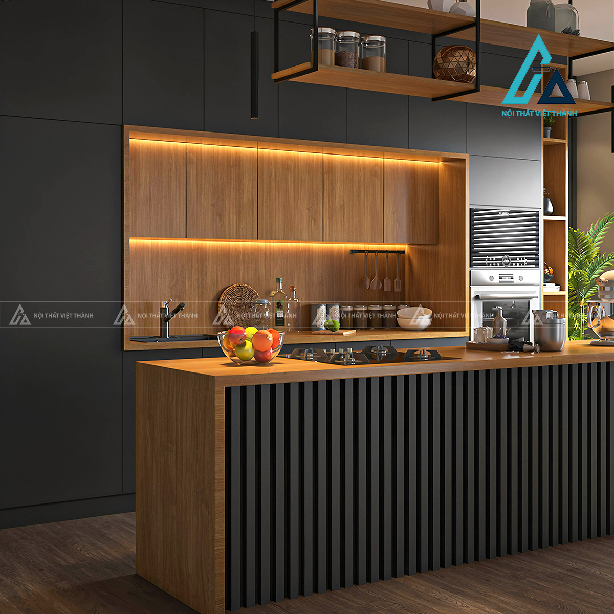 Tủ bếp MDF màu đen phối vân gỗ hiện đại sang trọng chuẩn nội thất cao cấp 2