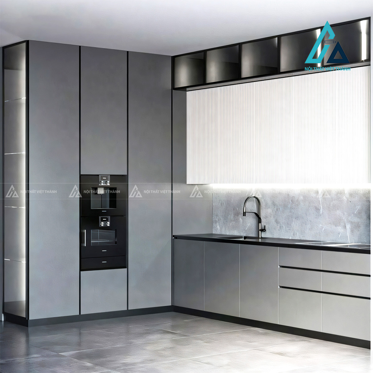 Tủ bếp MDF màu xám mờ hiện đại cao cấp tối ưu không gian bếp