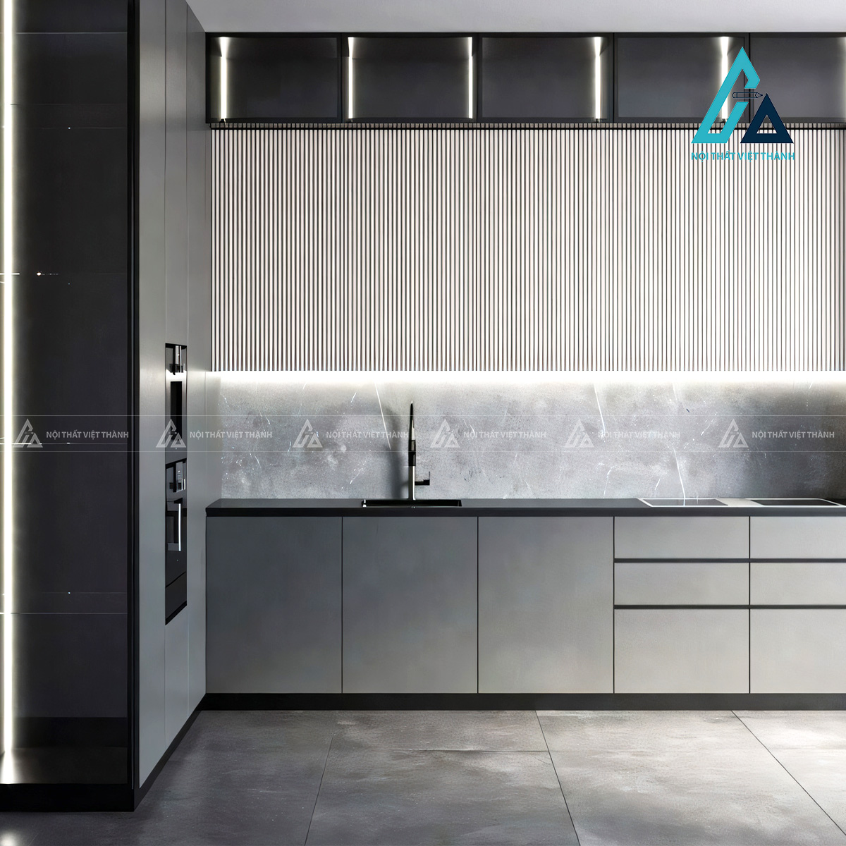 Tủ bếp MDF màu xám mờ hiện đại cao cấp tối ưu không gian bếp 1