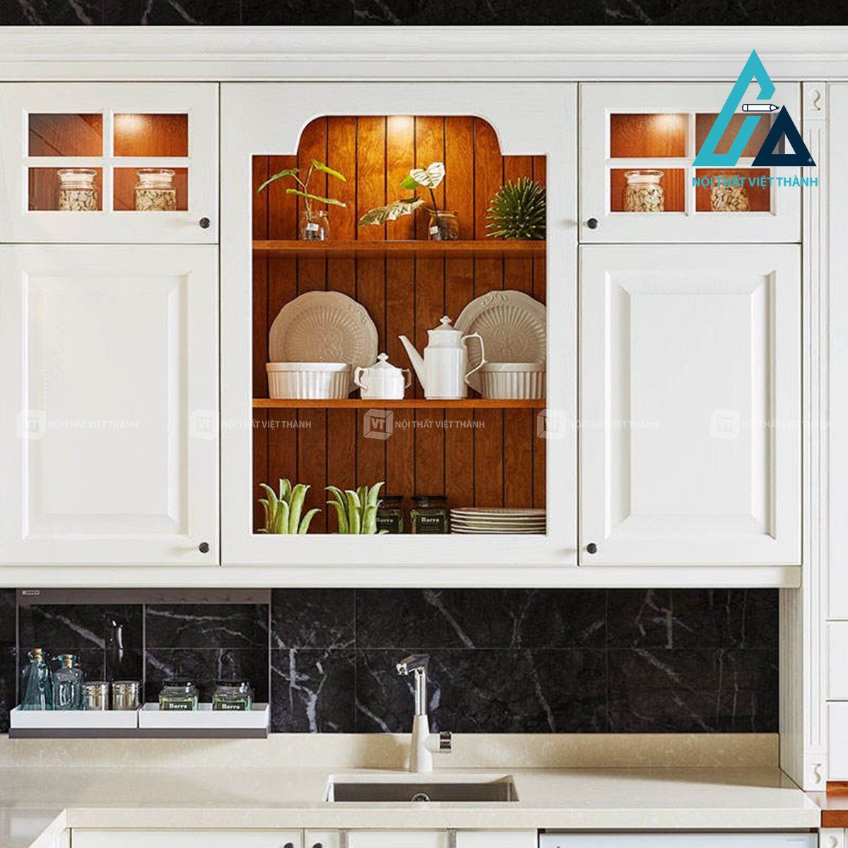 Tủ bếp MDF phong cách châu Âu màu trắng thanh lịch