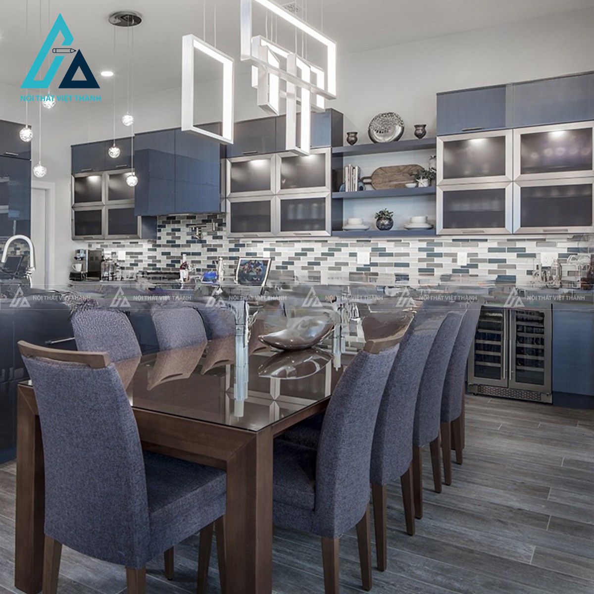 Tủ bếp MDF phủ Acrylic màu xanh hiện đại sang trọng 1