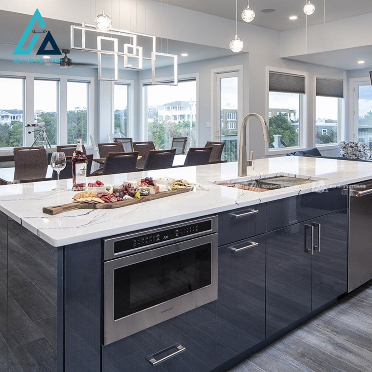 Tủ bếp MDF phủ Acrylic màu xanh hiện đại sang trọng 2