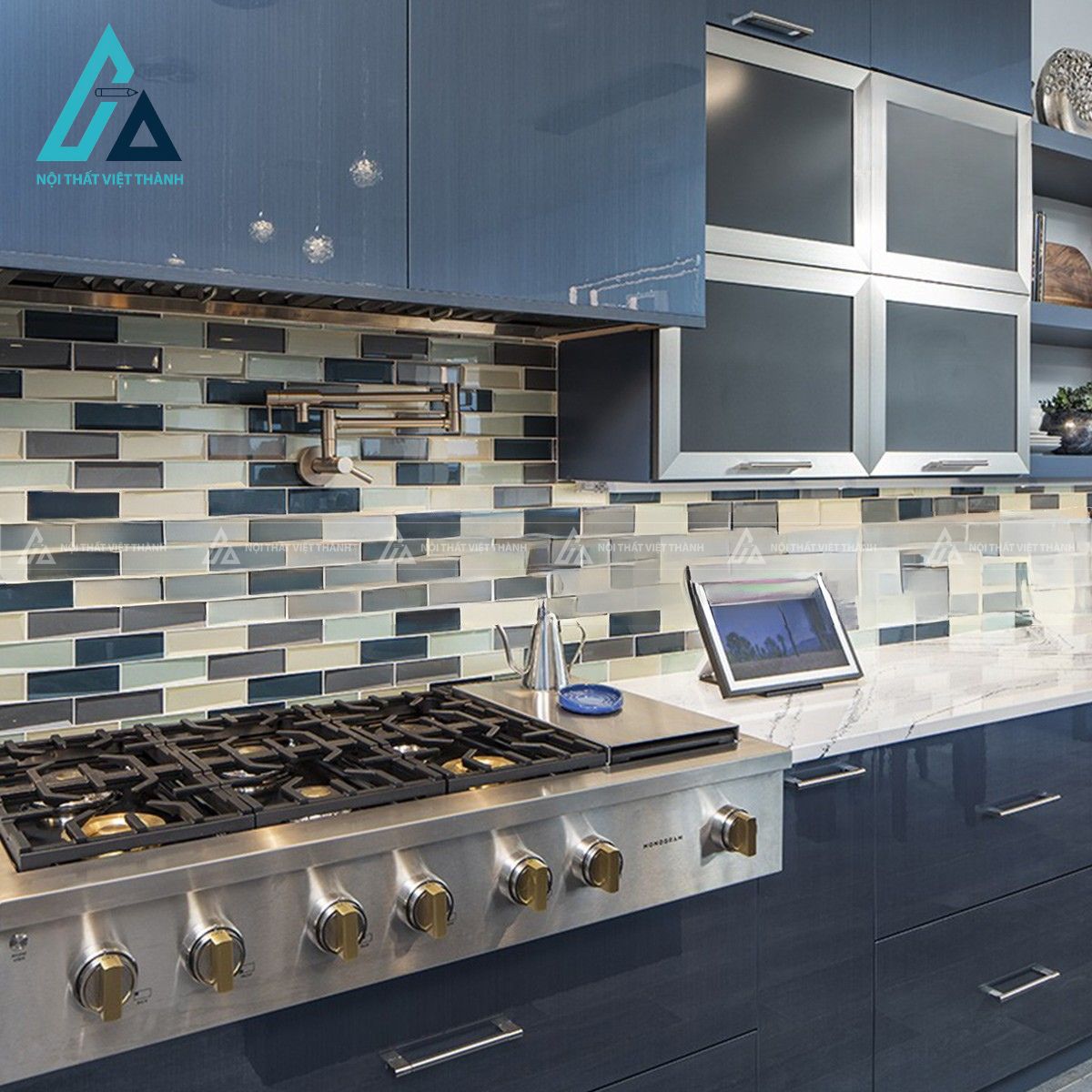 Tủ bếp MDF phủ Acrylic màu xanh hiện đại sang trọng 3