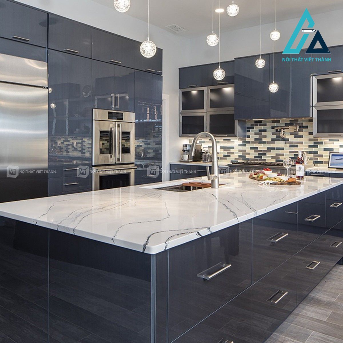 Tủ bếp MDF phủ Acrylic màu xanh hiện đại sang trọng