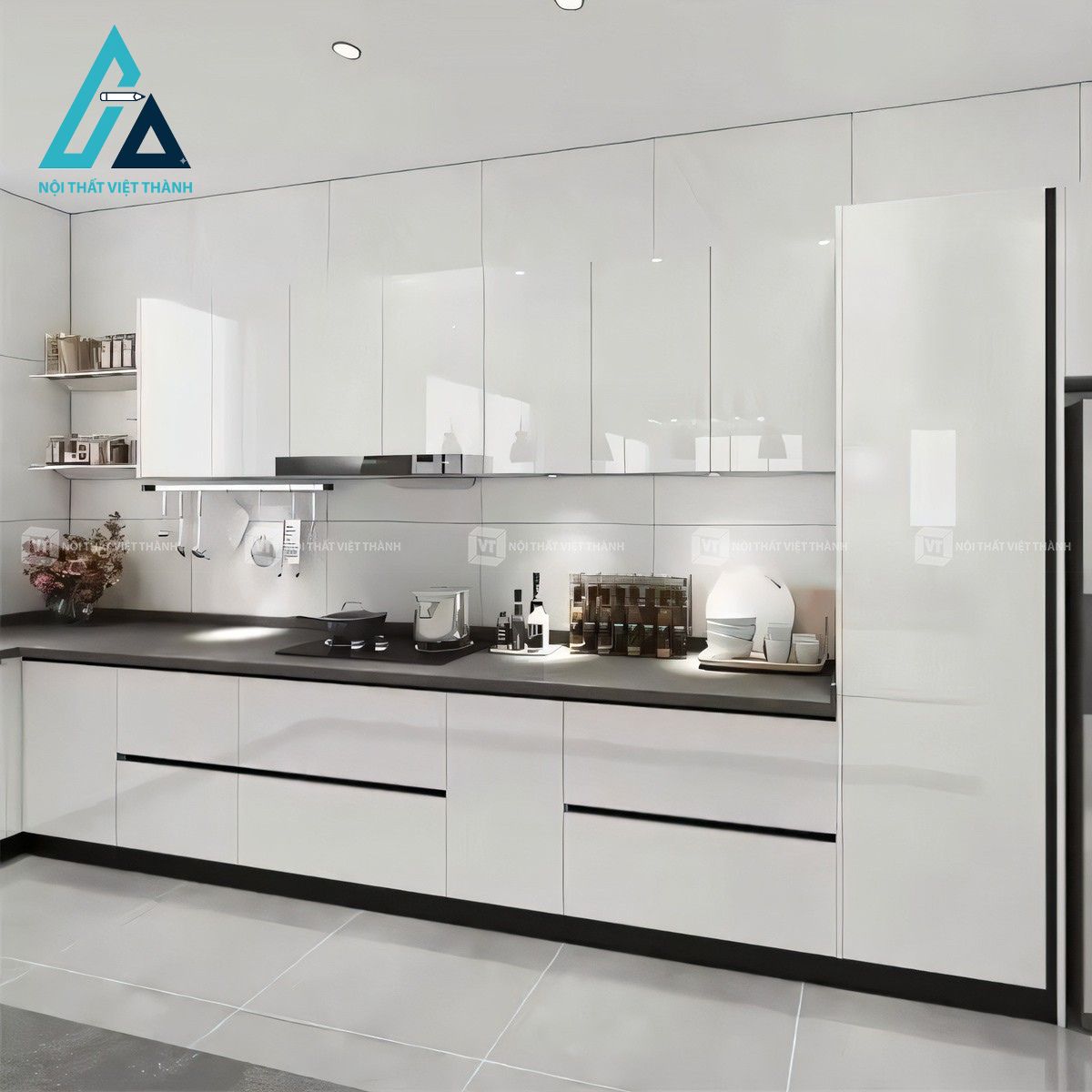 Tủ bếp MDF phủ Acrylic trắng bóng hiện đại