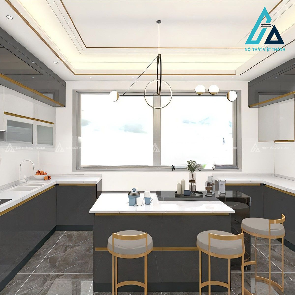 Tủ bếp MDF phủ Acrylic trắng xám đen phong cách hiện đại 1