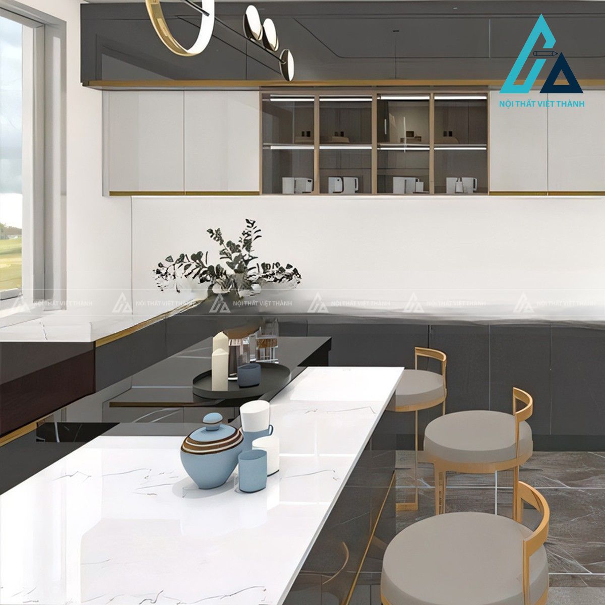 Tủ bếp MDF phủ Acrylic trắng xám đen phong cách hiện đại 2