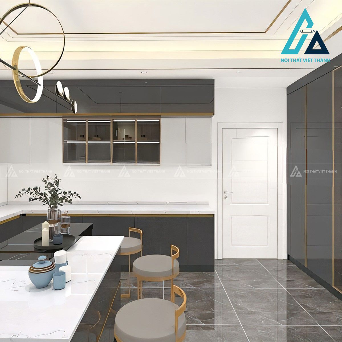 Tủ bếp MDF phủ Acrylic trắng xám đen phong cách hiện đại 3