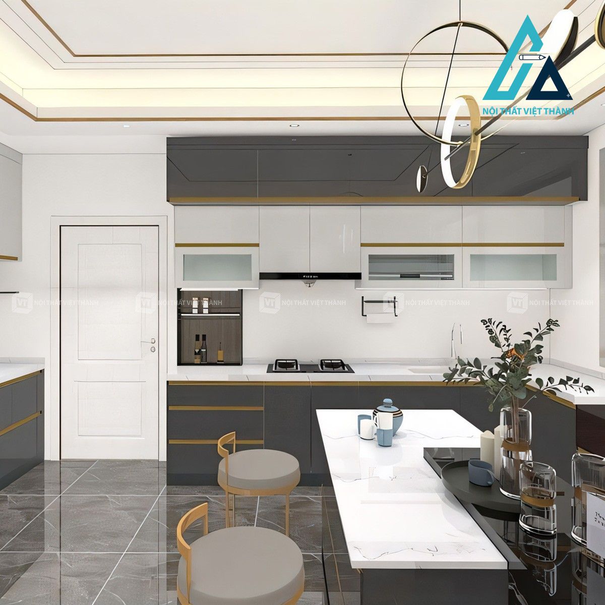 Tủ bếp MDF phủ Acrylic trắng xám đen phong cách hiện đại