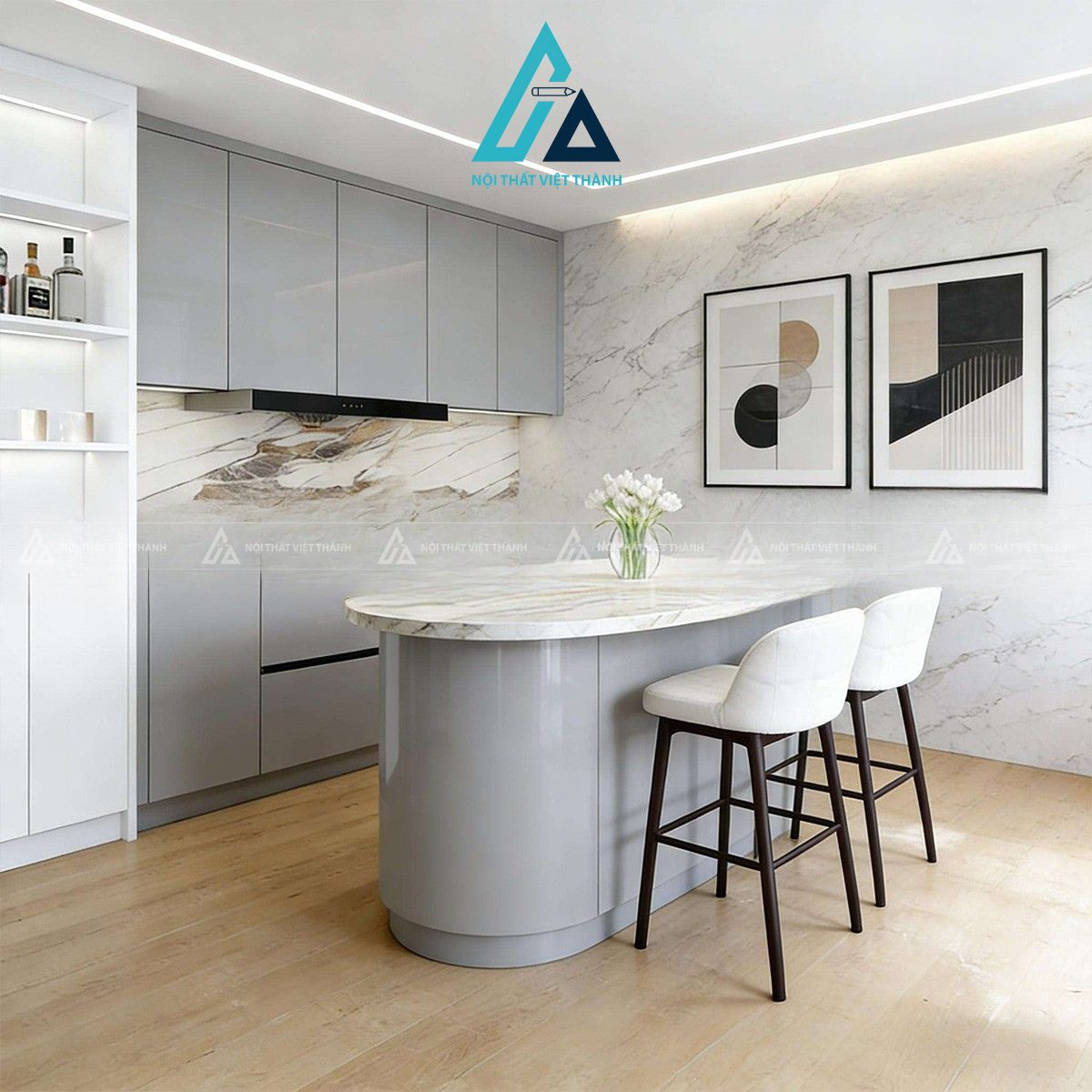 Tủ bếp trên gỗ MDF chống ẩm hiện đại màu trung tính 2