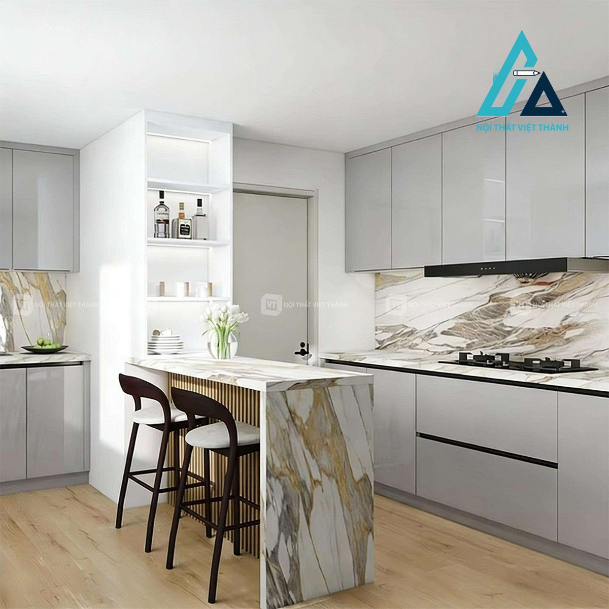 Tủ bếp trên gỗ MDF chống ẩm hiện đại màu trung tính