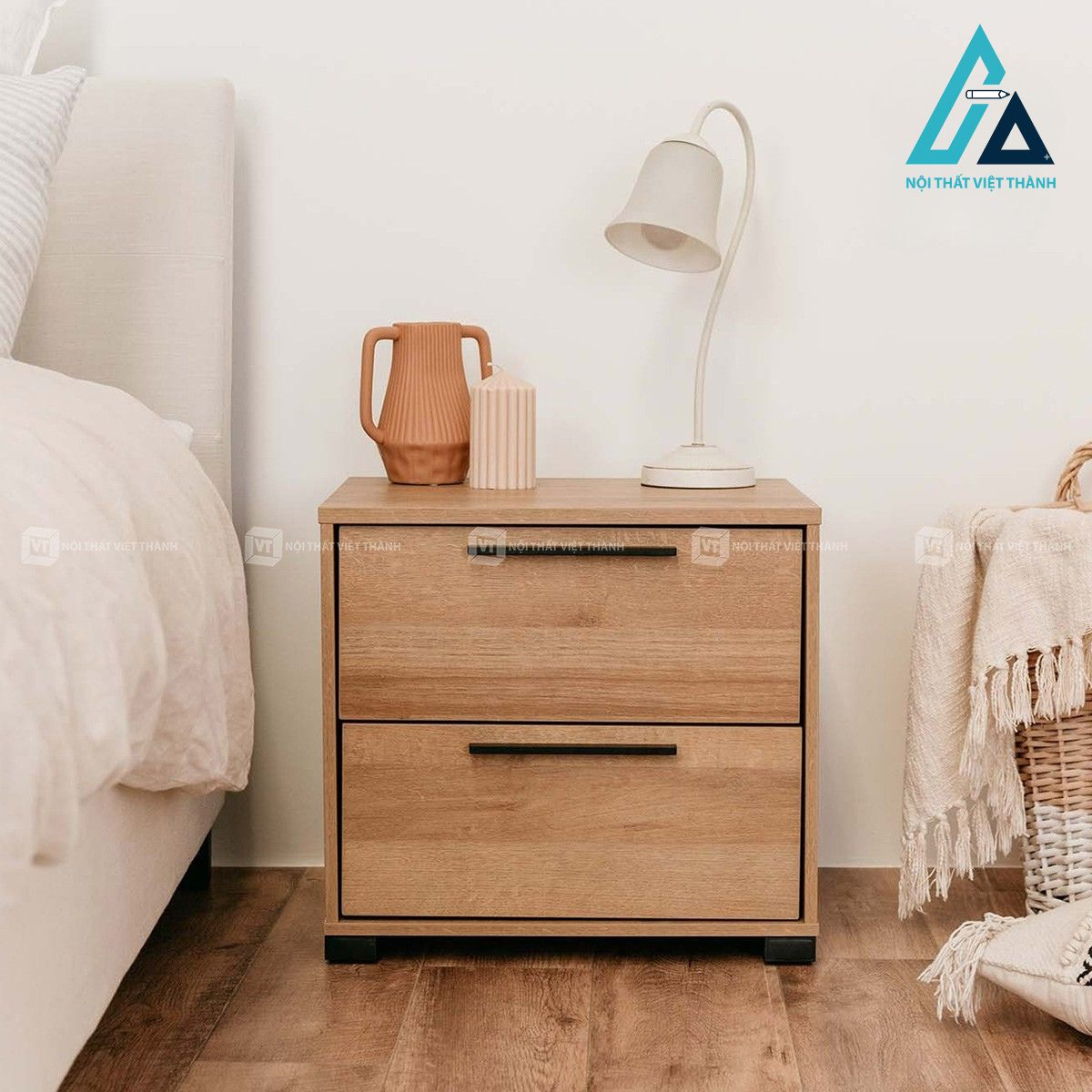 Tủ đầu giường gỗ MDF 2 ngăn kéo vân gỗ sồi phong cách hiện đại