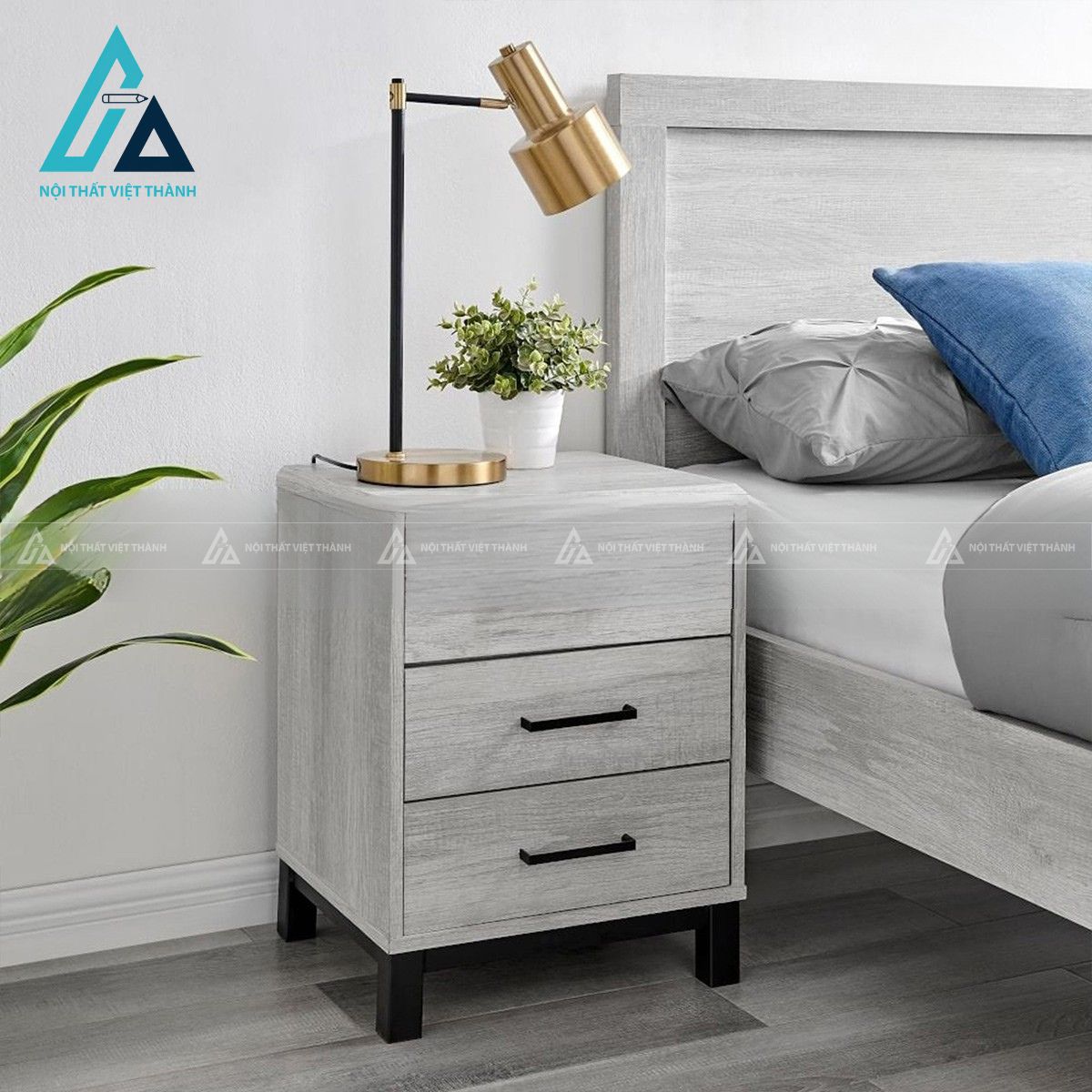 Tủ đầu giường gỗ MDF 3 ngăn kéo vân gỗ sồi xám hiện đại 1