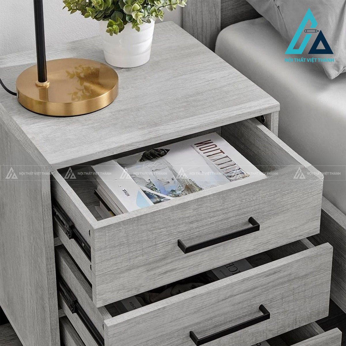 Tủ đầu giường gỗ MDF 3 ngăn kéo vân gỗ sồi xám hiện đại 2