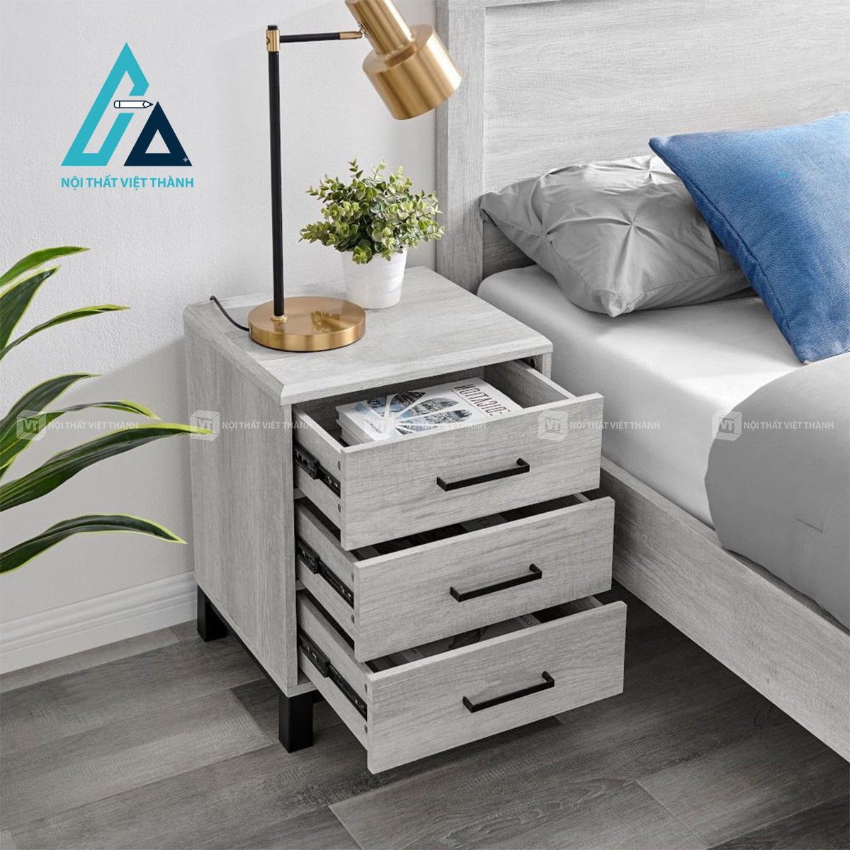 Tủ đầu giường gỗ MDF 3 ngăn kéo vân gỗ sồi xám hiện đại
