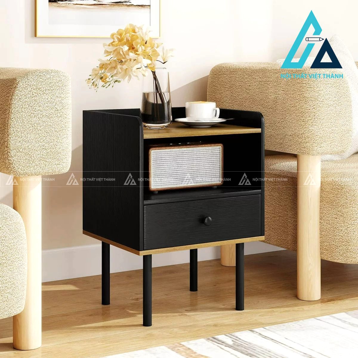 Tủ đầu giường MDF 1 ngăn kéo kệ mở chân sắt hiện đại tiện dụng