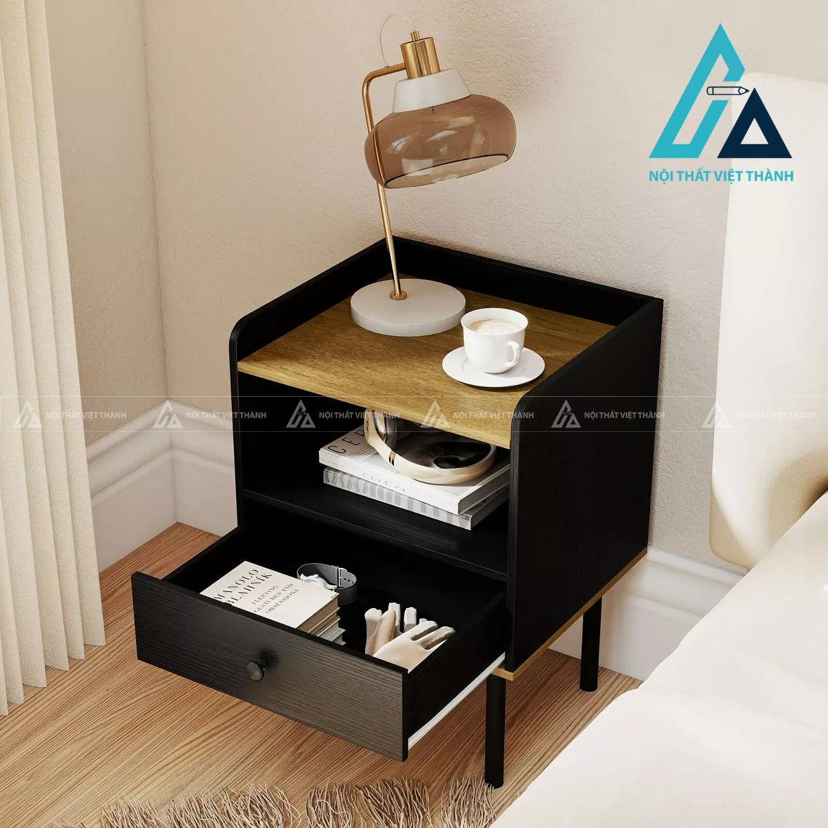 Tủ đầu giường MDF 1 ngăn kéo kệ mở chân sắt hiện đại tiện dụng 1