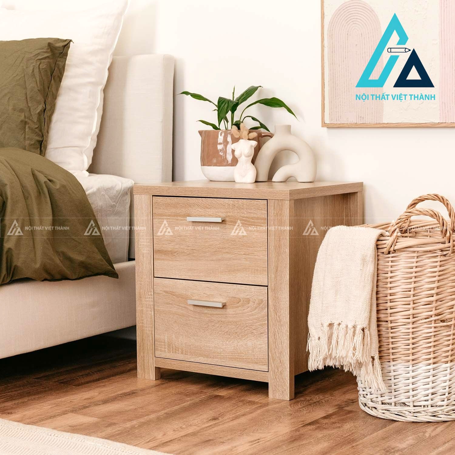 Tủ đầu giường MDF 2 ngăn kéo tay nắm kim loại hiện đại vân gỗ đẹp