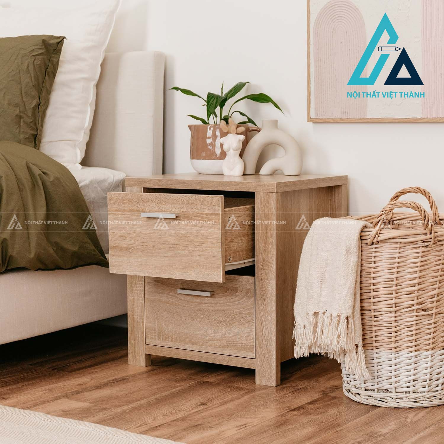 Tủ đầu giường MDF 2 ngăn kéo tay nắm kim loại hiện đại vân gỗ đẹp 1