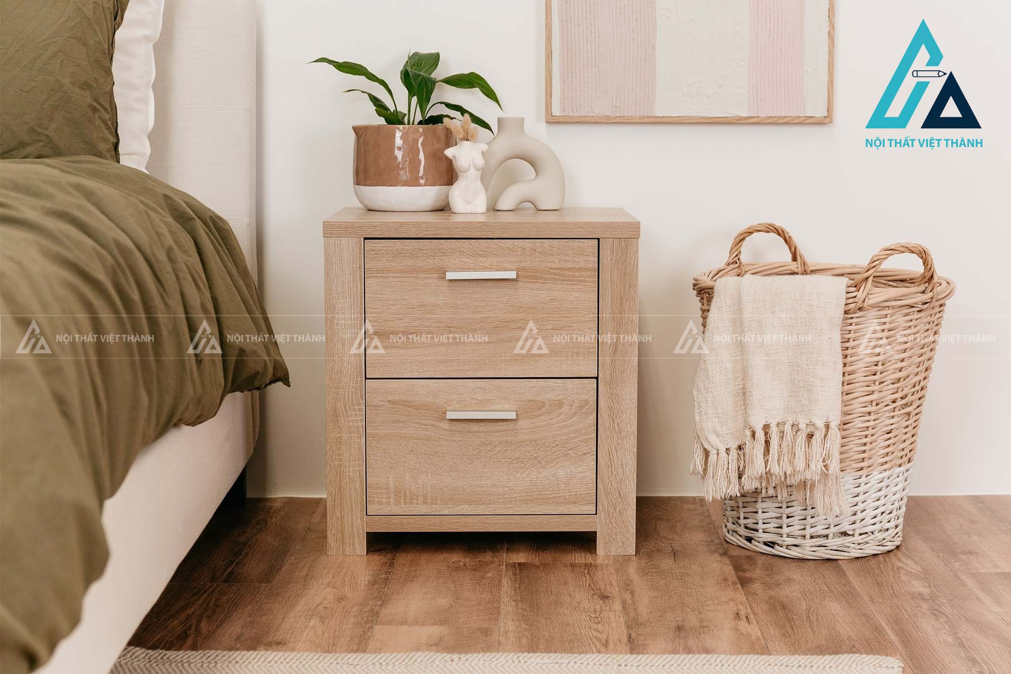 Tủ đầu giường MDF 2 ngăn kéo tay nắm kim loại hiện đại vân gỗ đẹp 5