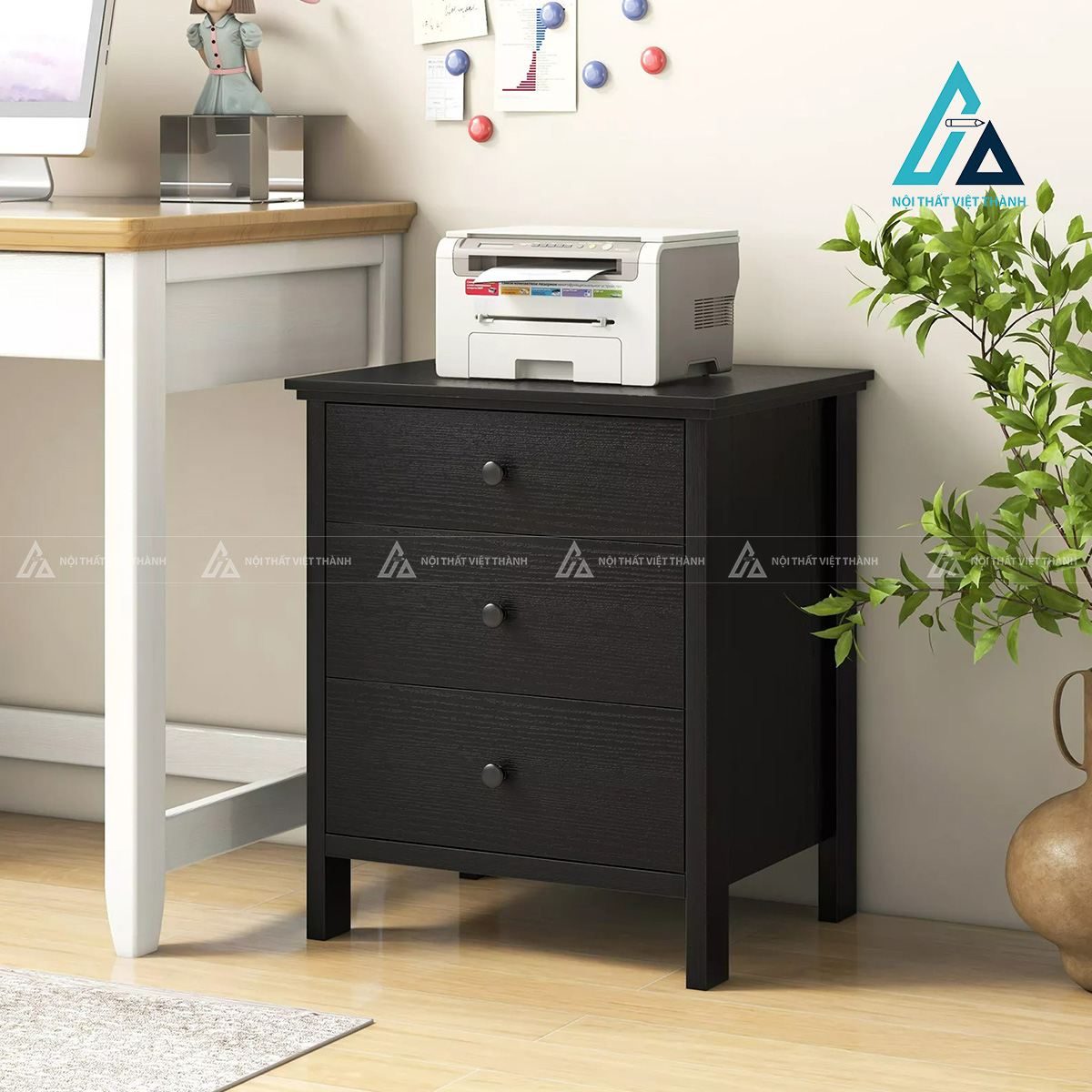 Tủ đầu giường MDF 3 ngăn kéo màu đen hiện đại tiện nghi