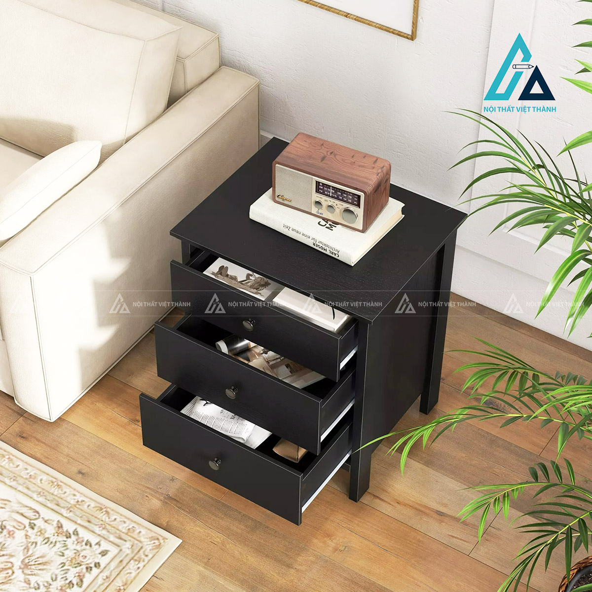 Tủ đầu giường MDF 3 ngăn kéo màu đen hiện đại tiện nghi 1
