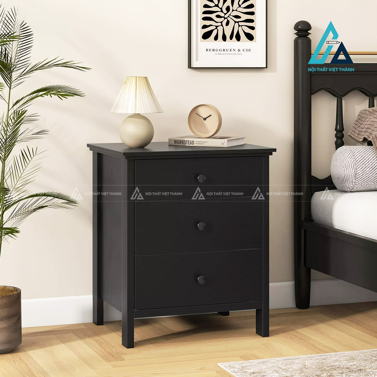 Tủ đầu giường MDF 3 ngăn kéo màu đen hiện đại tiện nghi 2