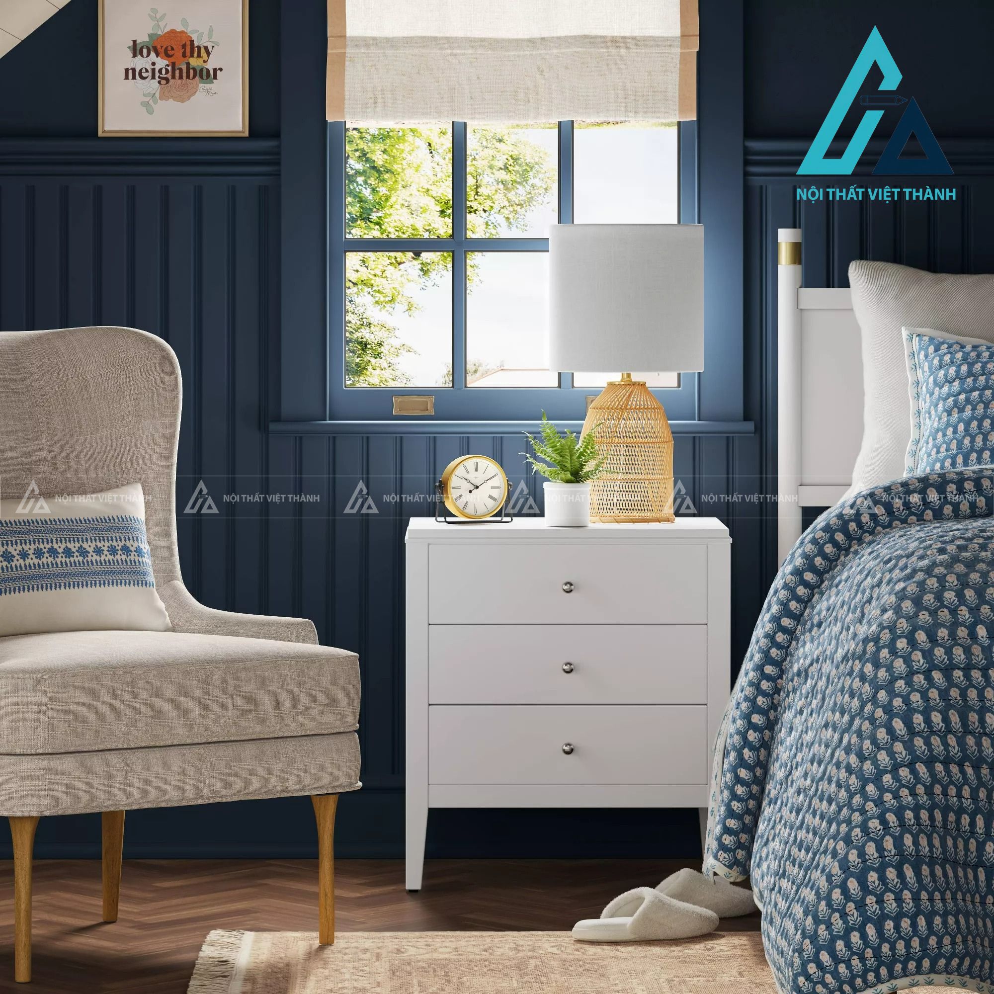 Tủ đầu giường MDF 3 ngăn kéo màu trắng hiện đại tối giản đẹp 4