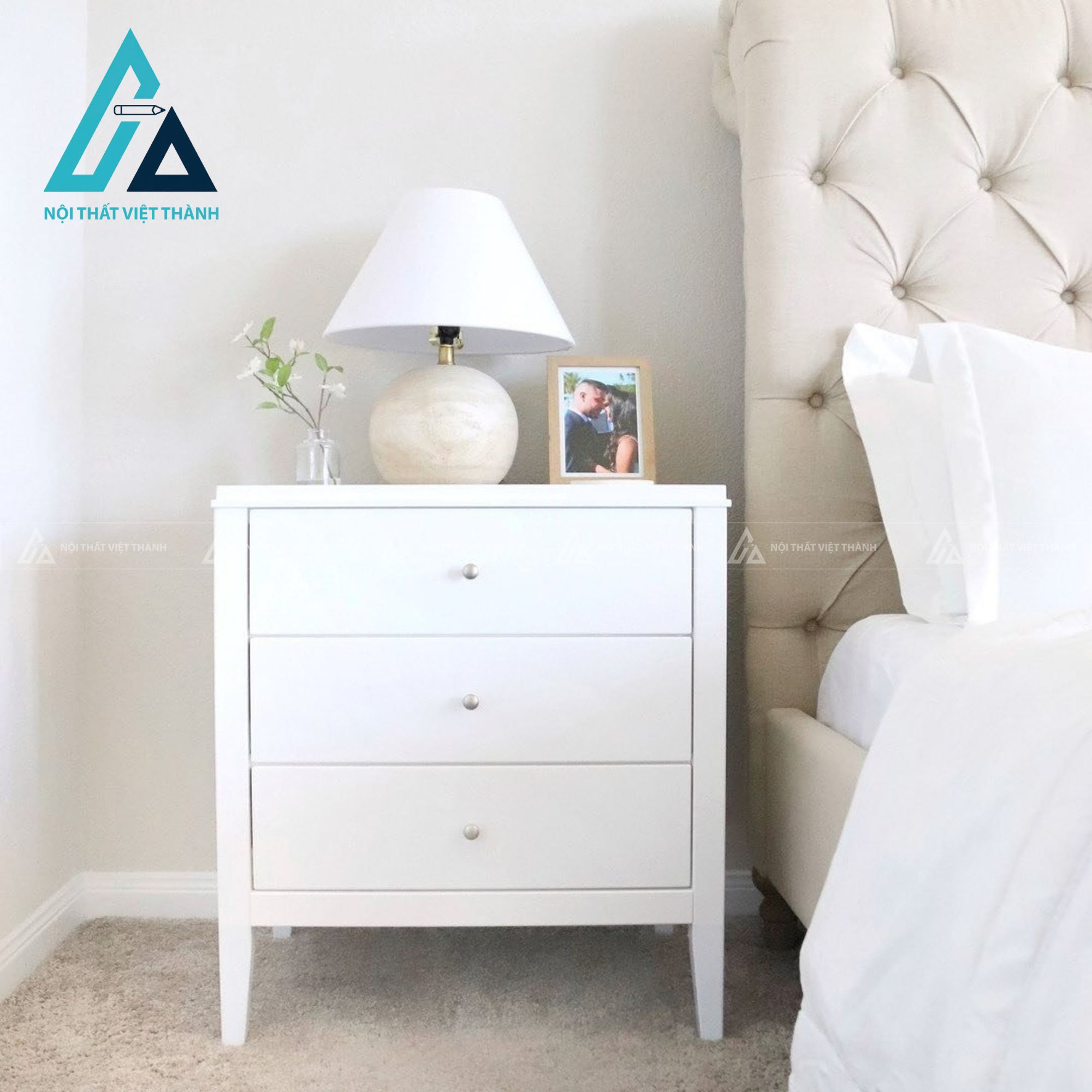 Tủ đầu giường MDF 3 ngăn kéo màu trắng hiện đại tối giản đẹp 5