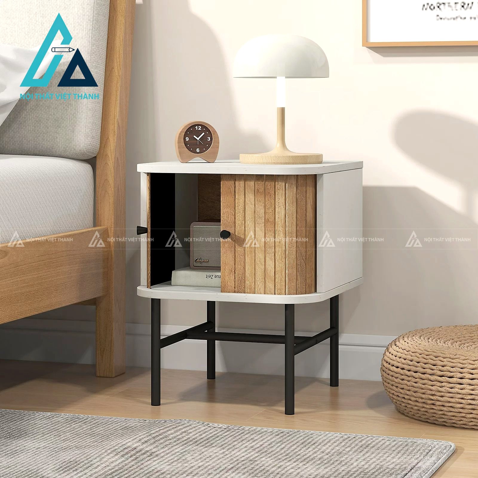 Tủ đầu giường MDF cửa lùa hiện đại chân sắt thiết kế tiện dụng