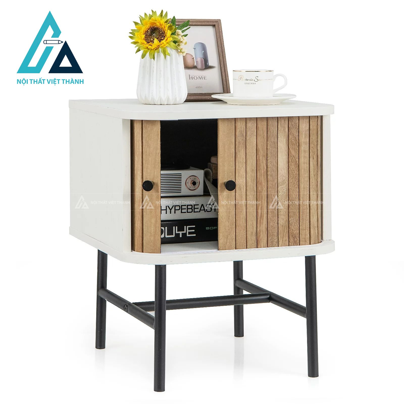 Tủ đầu giường MDF cửa lùa hiện đại chân sắt thiết kế tiện dụng 1