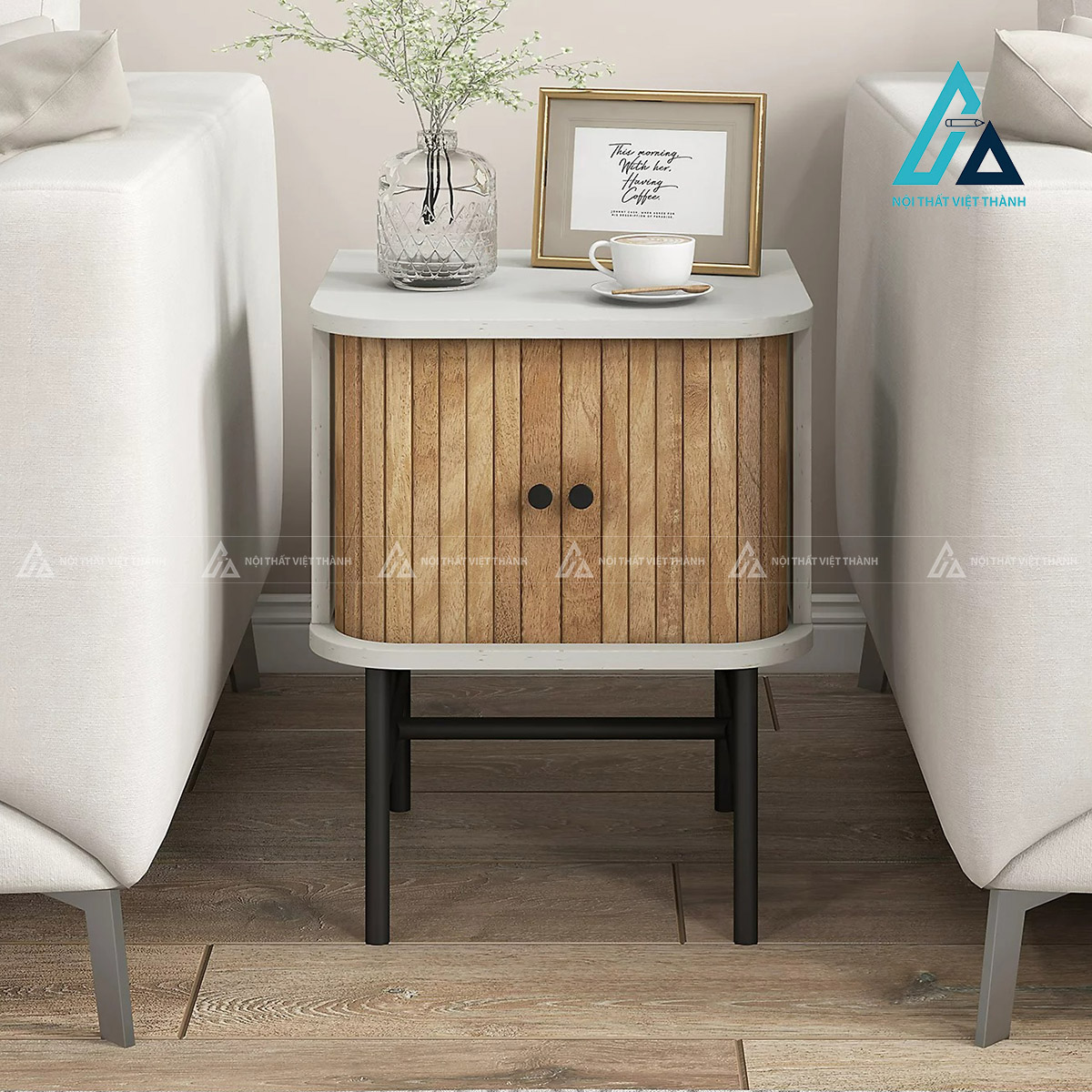 Tủ đầu giường MDF cửa lùa hiện đại chân sắt thiết kế tiện dụng 3