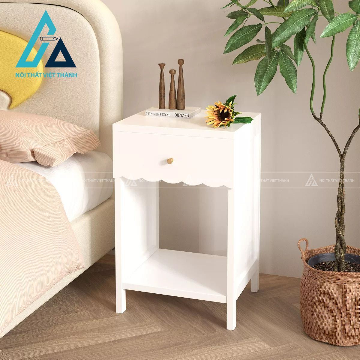 Tủ đầu giường MDF trắng bo cong mềm mại có ngăn kéo và kệ tiện dụng