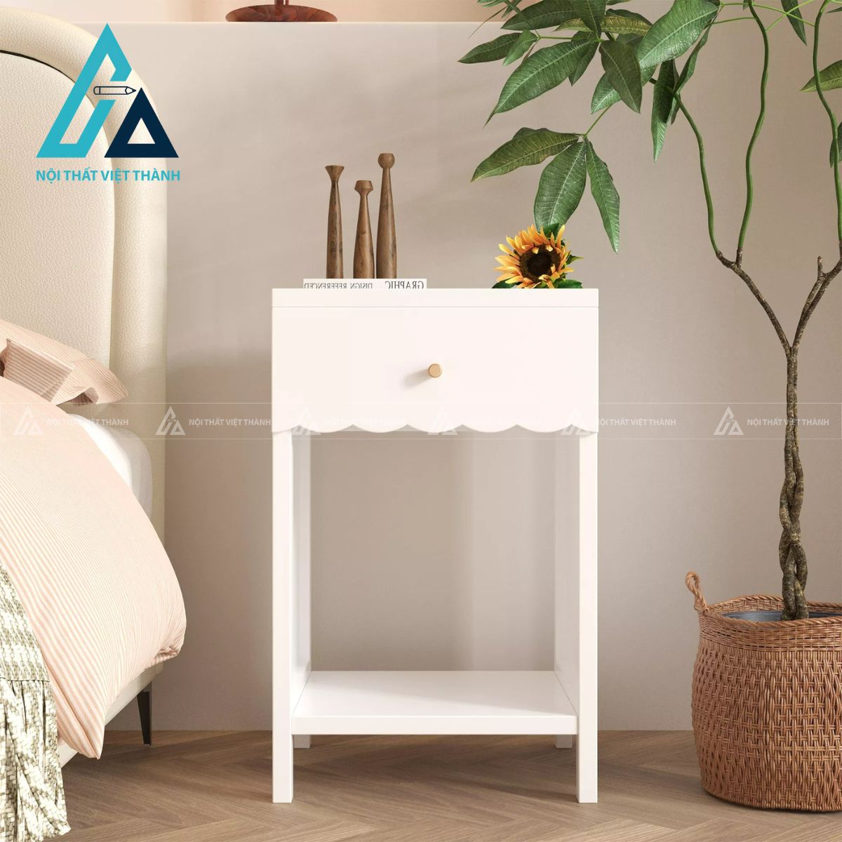 Tủ đầu giường MDF trắng bo cong mềm mại có ngăn kéo và kệ tiện dụng 1