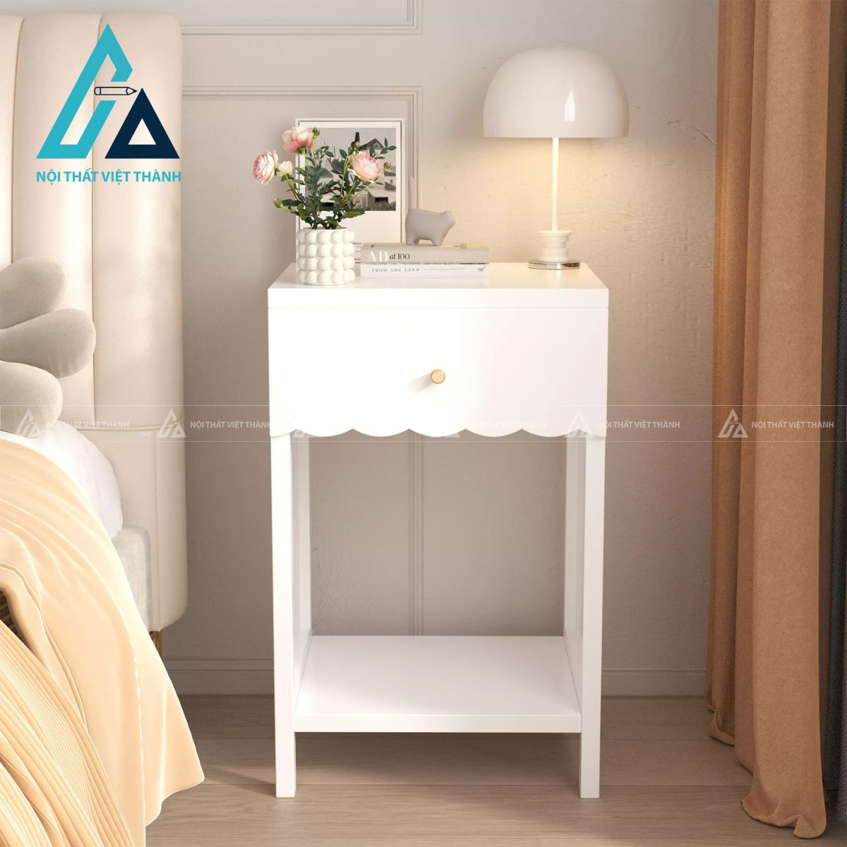 Tủ đầu giường MDF trắng bo cong mềm mại có ngăn kéo và kệ tiện dụng 3
