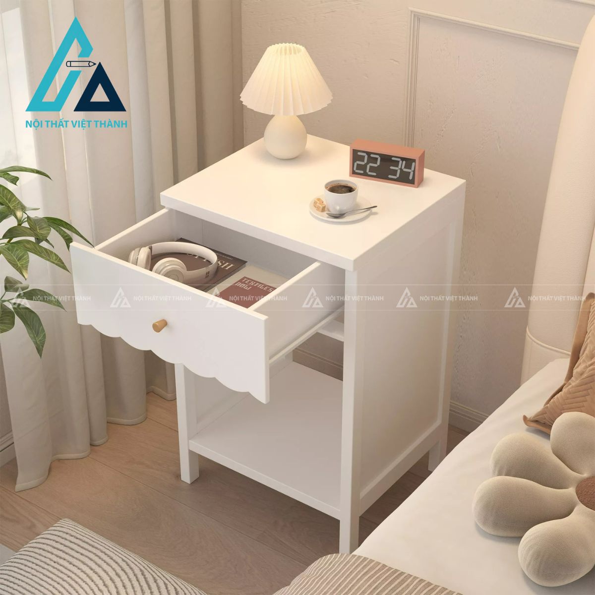 Tủ đầu giường MDF trắng bo cong mềm mại có ngăn kéo và kệ tiện dụng 4