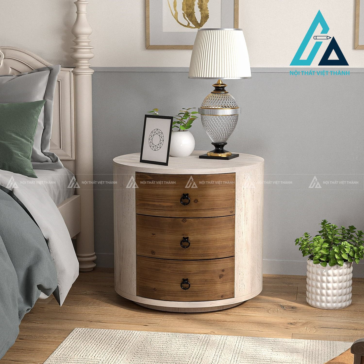 Tủ đầu giường tròn MDF 3 ngăn kéo trắng phối vân gỗ hiện đại đẹp