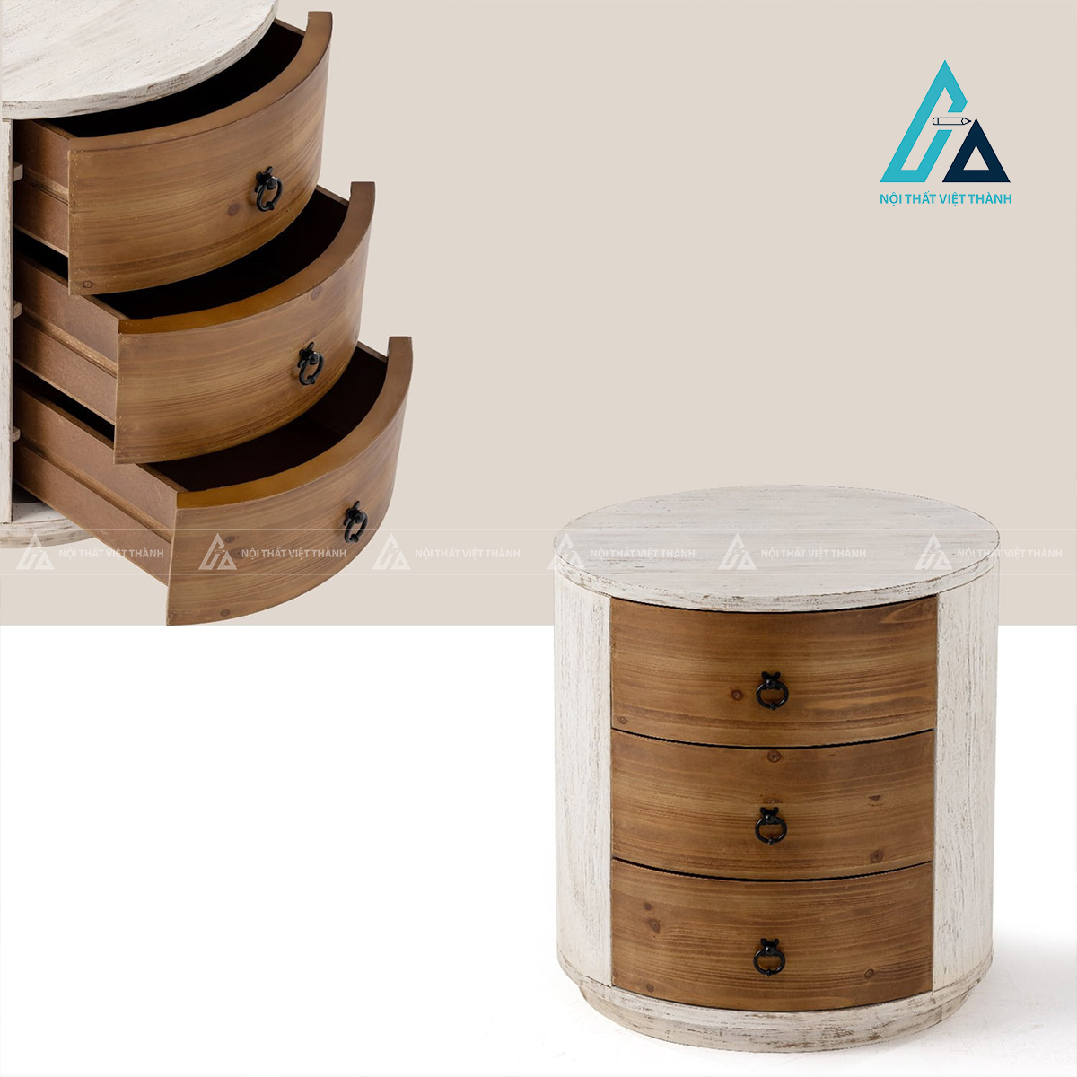 Tủ đầu giường tròn MDF 3 ngăn kéo trắng phối vân gỗ hiện đại đẹp 1