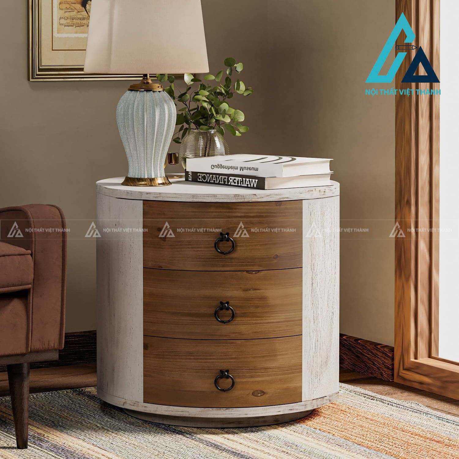 Tủ đầu giường tròn MDF 3 ngăn kéo trắng phối vân gỗ hiện đại đẹp 2